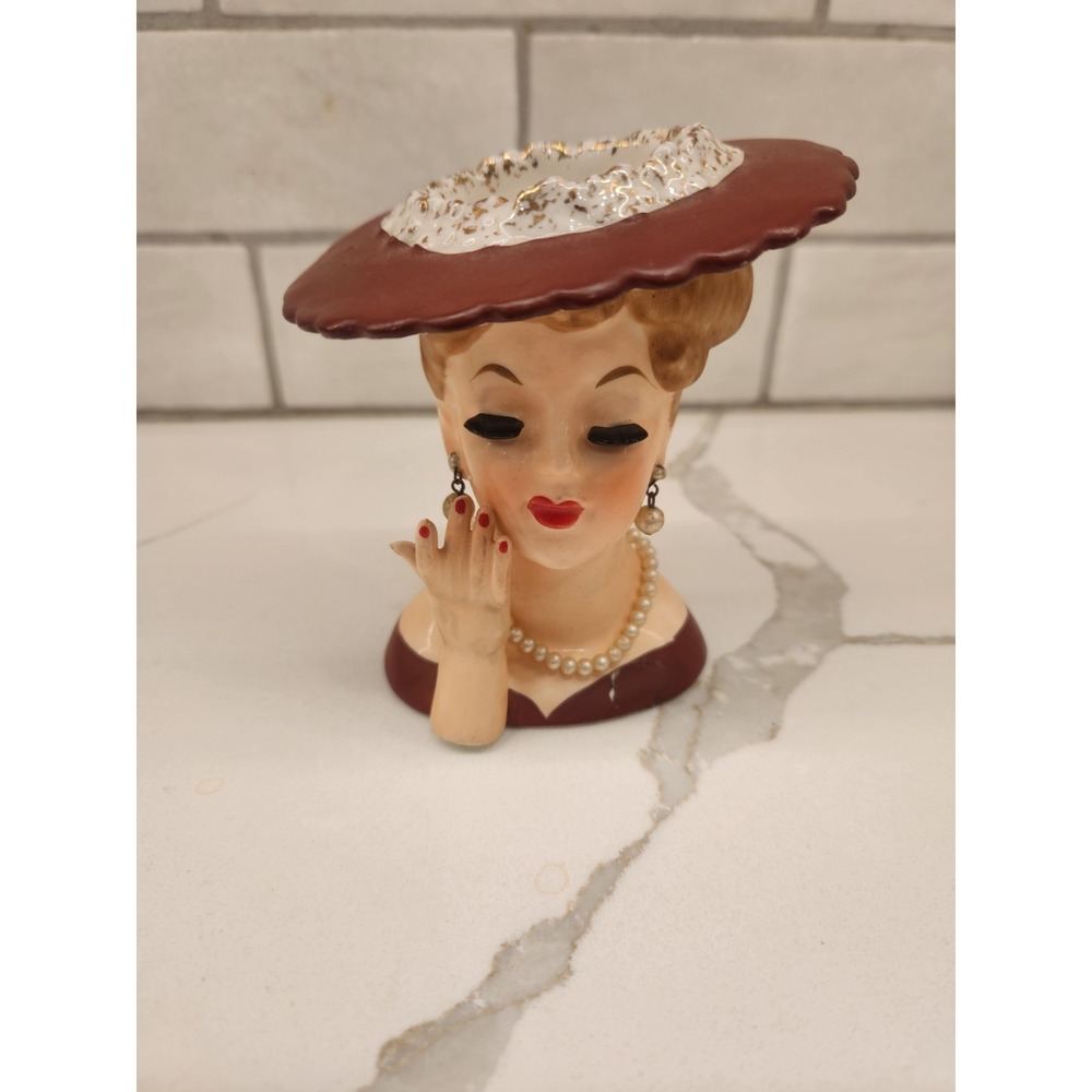 Vintage 1958 Napco Lady Head Vase Maroon Dress Pearls Hat Glamour C3343B READ